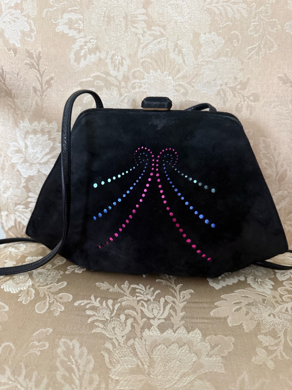 Bally Vintage Black Suede evening Crossbody with Rhinestone Bow